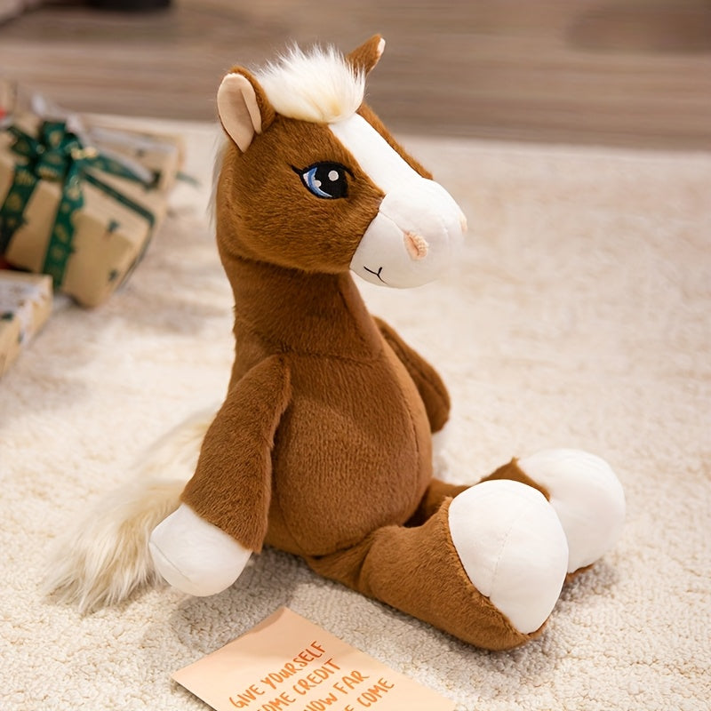 Cartoon Horse Plush Toy 8.66in Khaki Light Brown Dark Brown Soft Textured