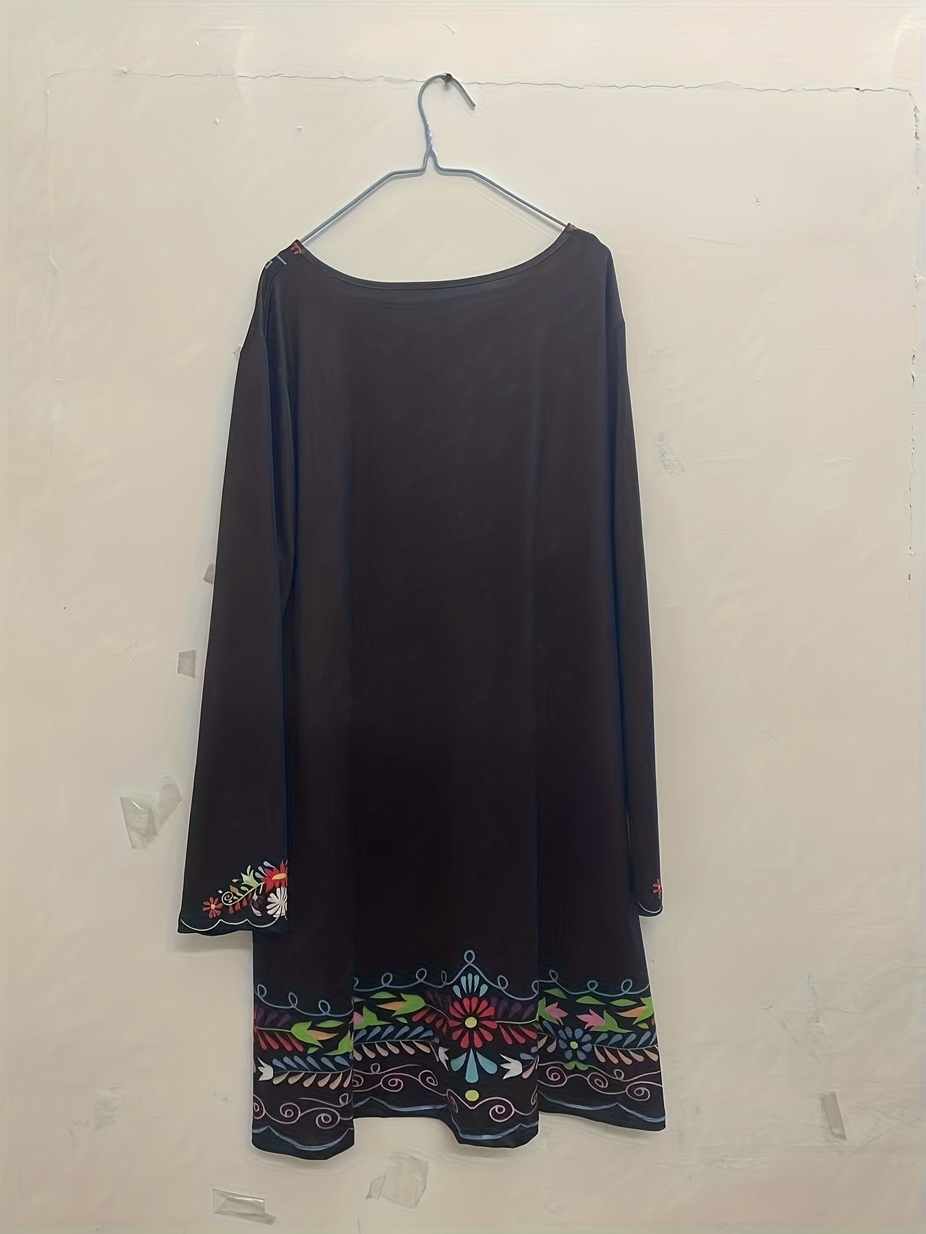  Floral Print Round Neck Long Sleeve Stretch Dress
