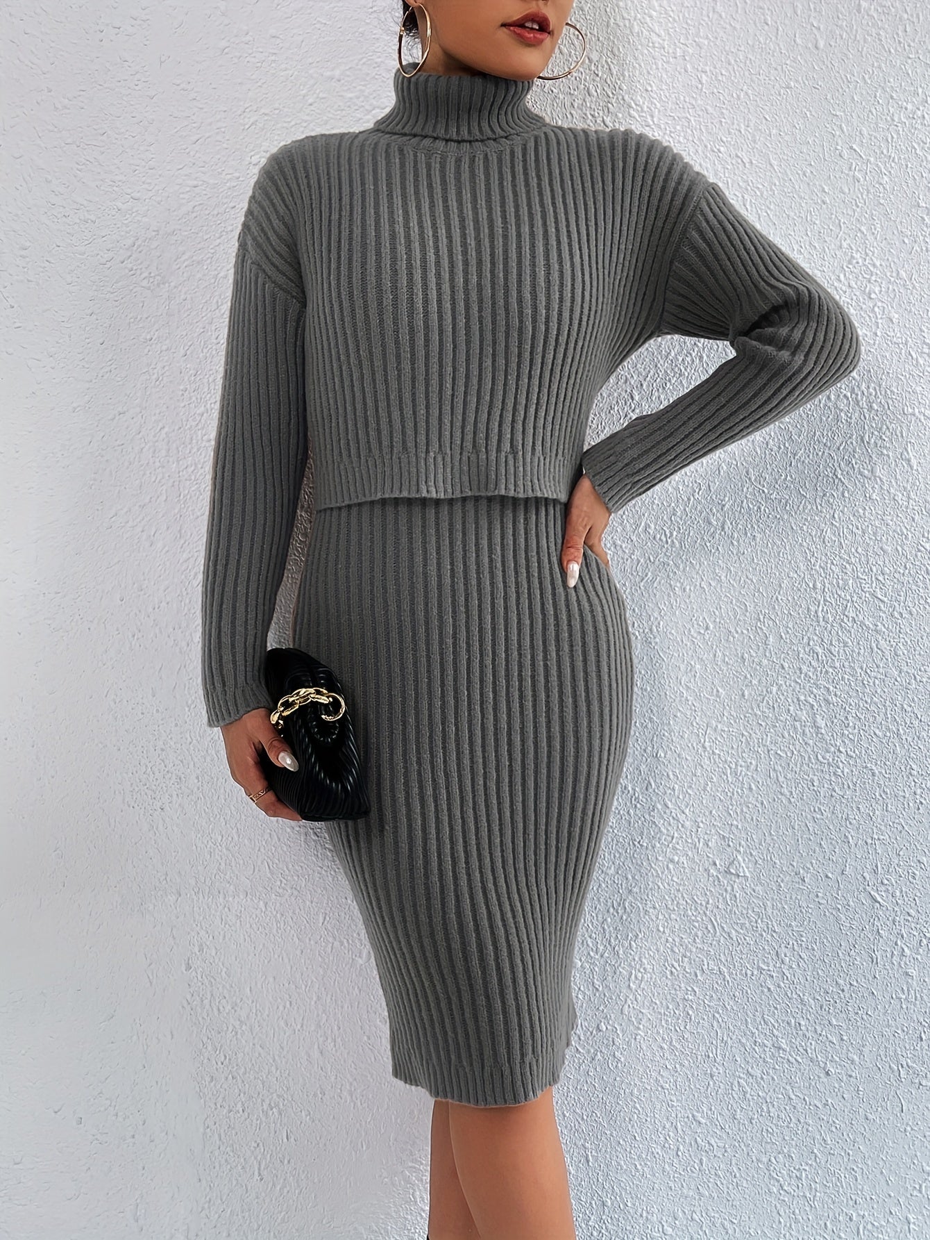 Casual Sweater Turtleneck Top & Bodycon Dress Set