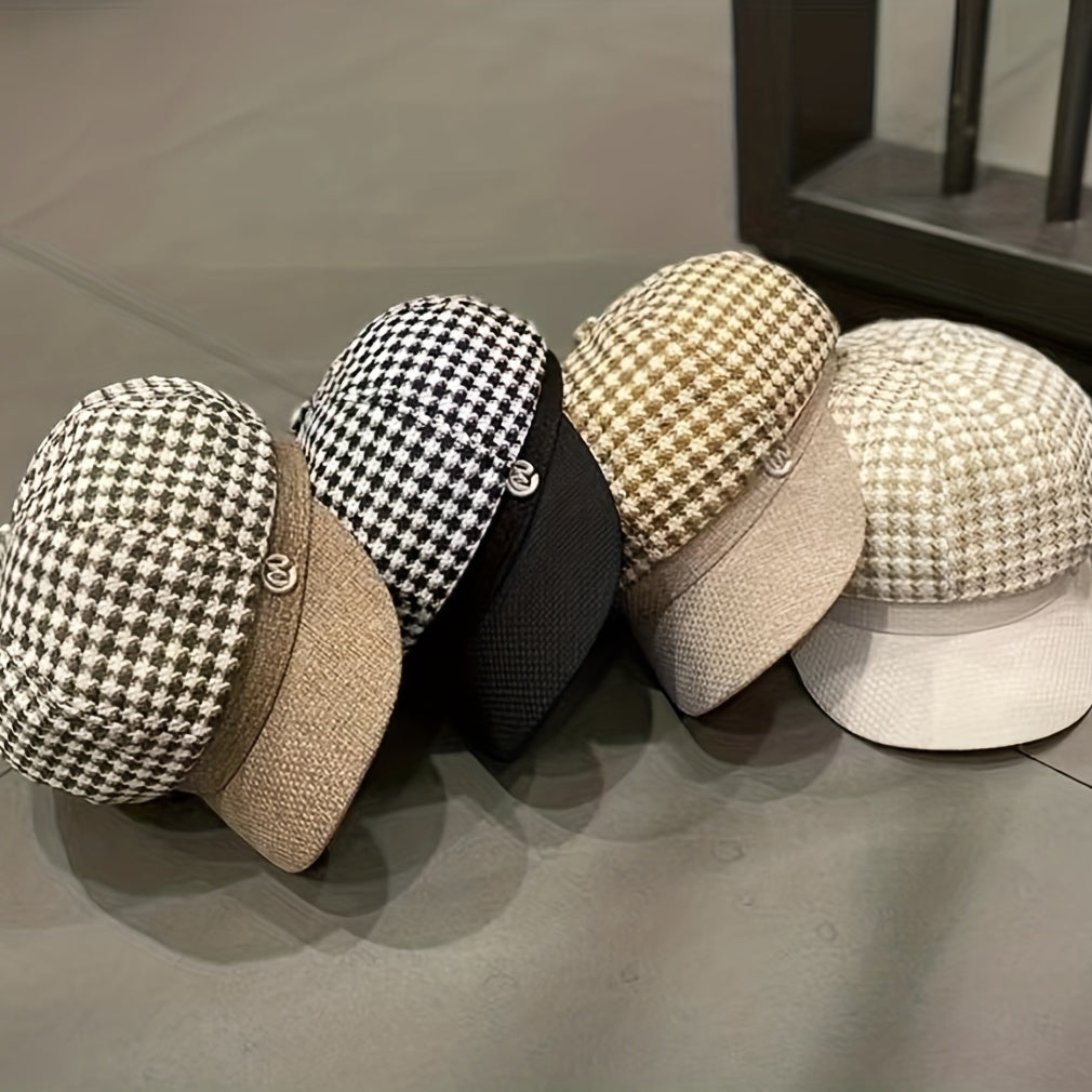 Women's Adjustable Houndstooth Newsboy Hat Lightweight Beret Cap