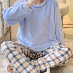 Plaid Print Fuzzy Pajama Set Long Sleeve Crew Neck Top & Elastic Waistband Pants