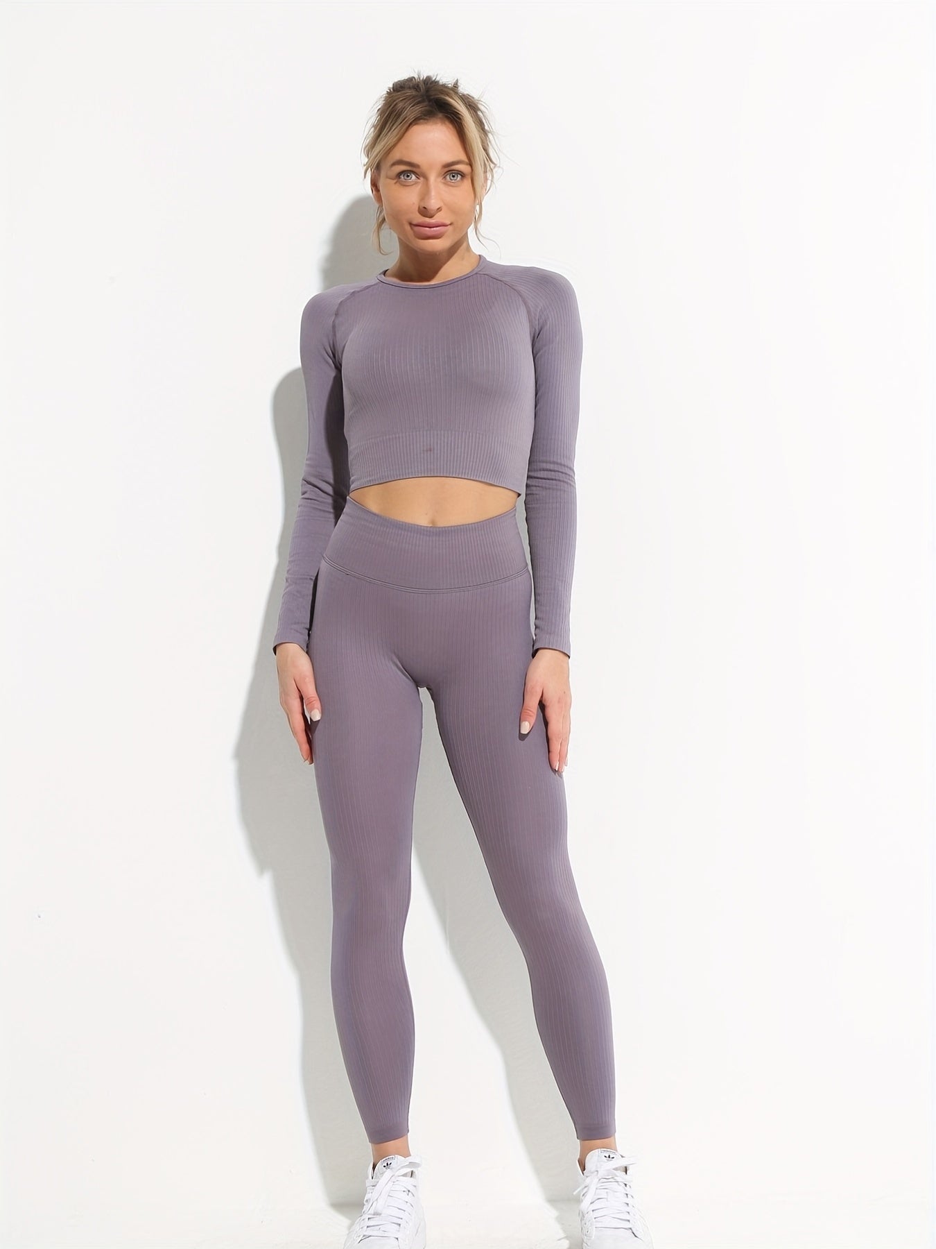 2pcs Long Sleeve Yoga Crop Top & High Waist Leggings Set