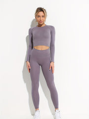 2pcs Long Sleeve Yoga Crop Top & High Waist Leggings Set