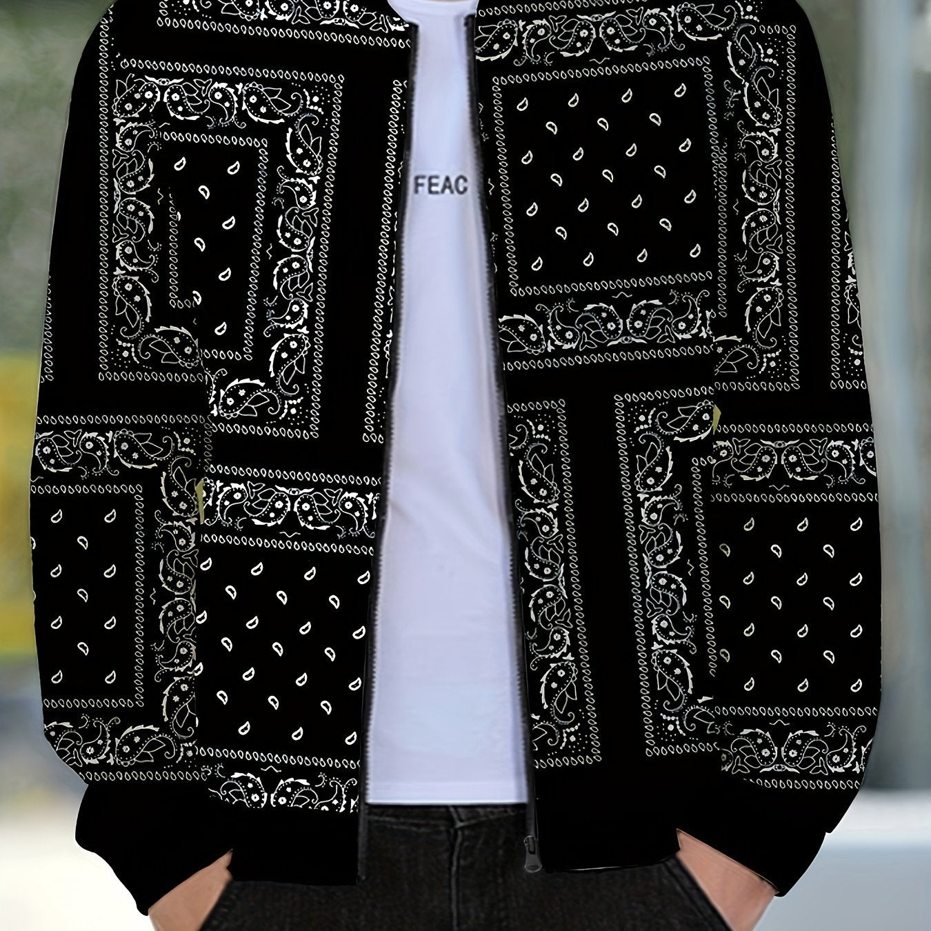 Men's Casual Paisley Pattern Soft shell Jacket Baseball Collar Varsity Jacket