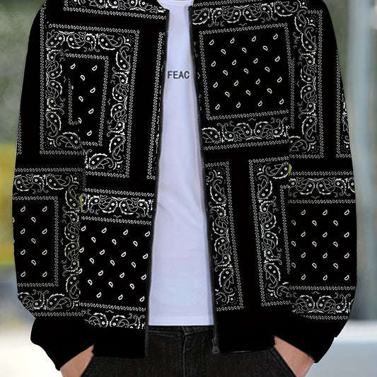 Men's Casual Paisley Pattern Soft shell Jacket Baseball Collar Varsity Jacket
