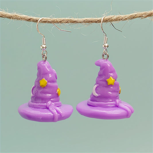 Halloween Purple Witch Hat Dangle Earrings for Women Girls