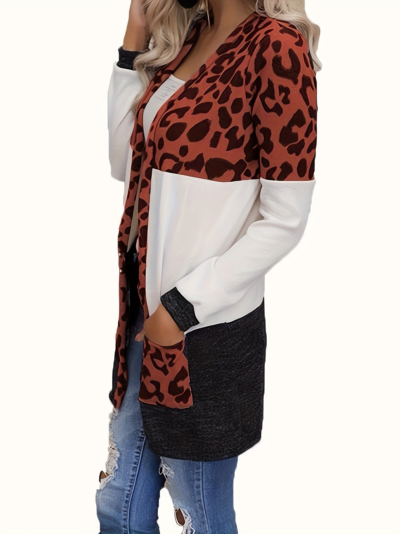  Leopard Print Open Front Cardigan with Pockets