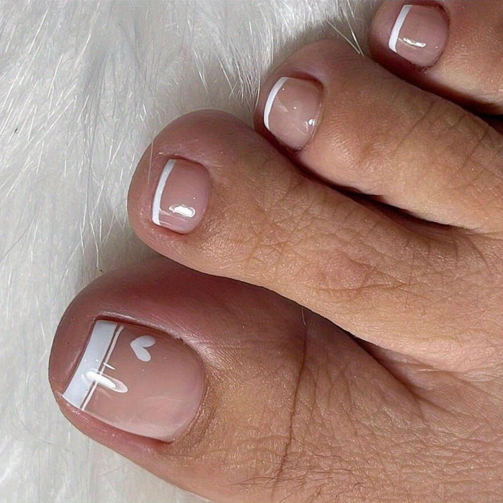 24pcs Glossy French Tip Press On Toenails with Pink Glue
