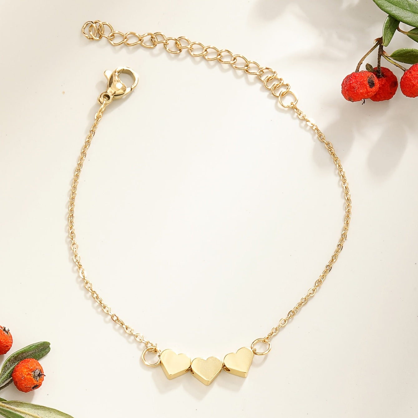 18K Plated Chain Bracelet Heart Beads Stainless Steel Adjustable Hand Jewelry