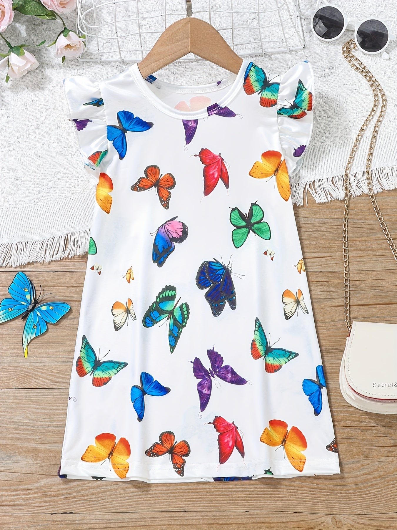 Girls Cat Pattern Flying Sleeve Round Neck Casual Vacation Dress