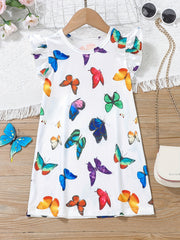Girls Cat Pattern Flying Sleeve Round Neck Casual Vacation Dress