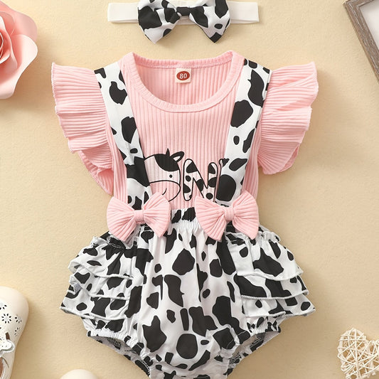 Cow Print Sleeveless Romper Set for Baby Girls