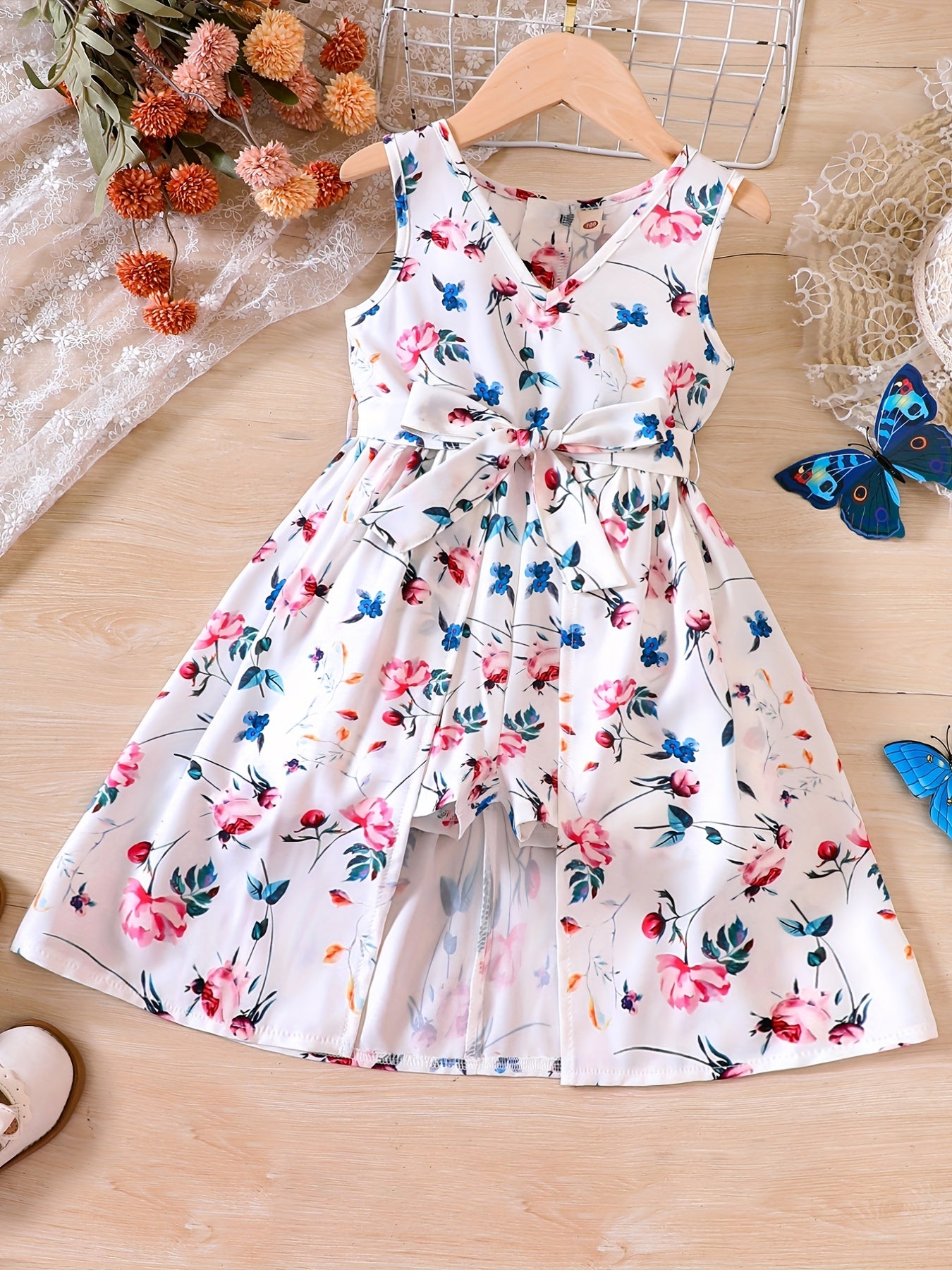 Girls V neck Flowers Graphic Belted Skirt Rompers