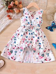 Girls V neck Flowers Graphic Belted Skirt Rompers