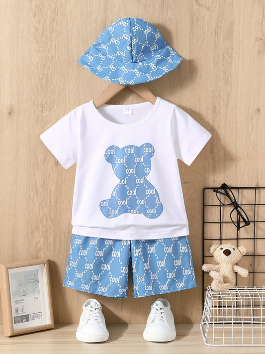 Boys Bear Print T-shirt & Shorts & Hat Set Casual Summer Outfit