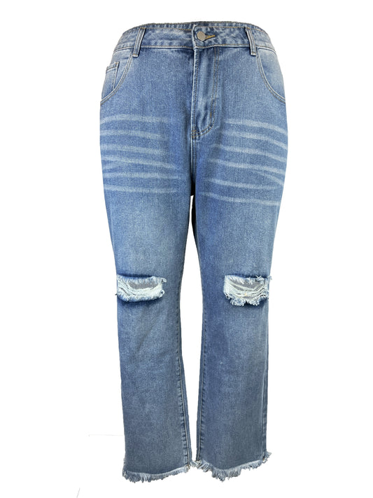 Women's Plus Ripped Raw Trim High Rise Loose Fit Jeans