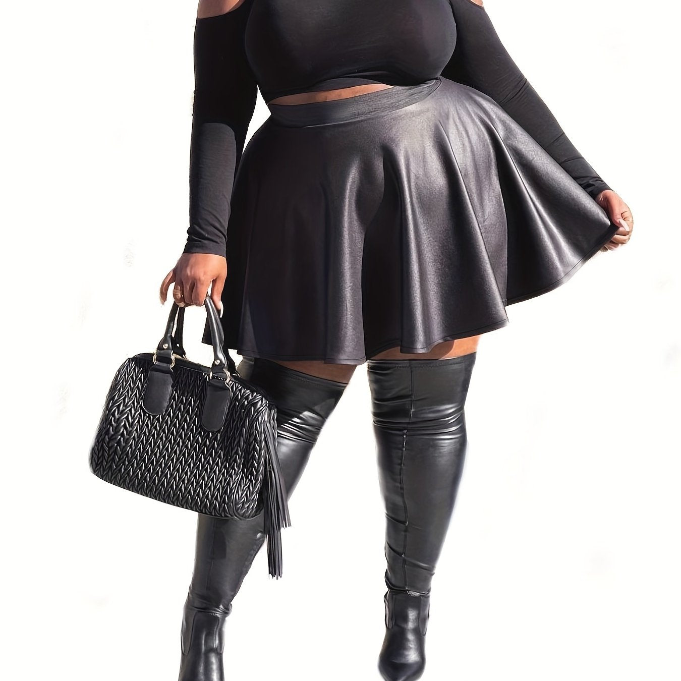 Solid High Rise Faux Leather A-line Skirt