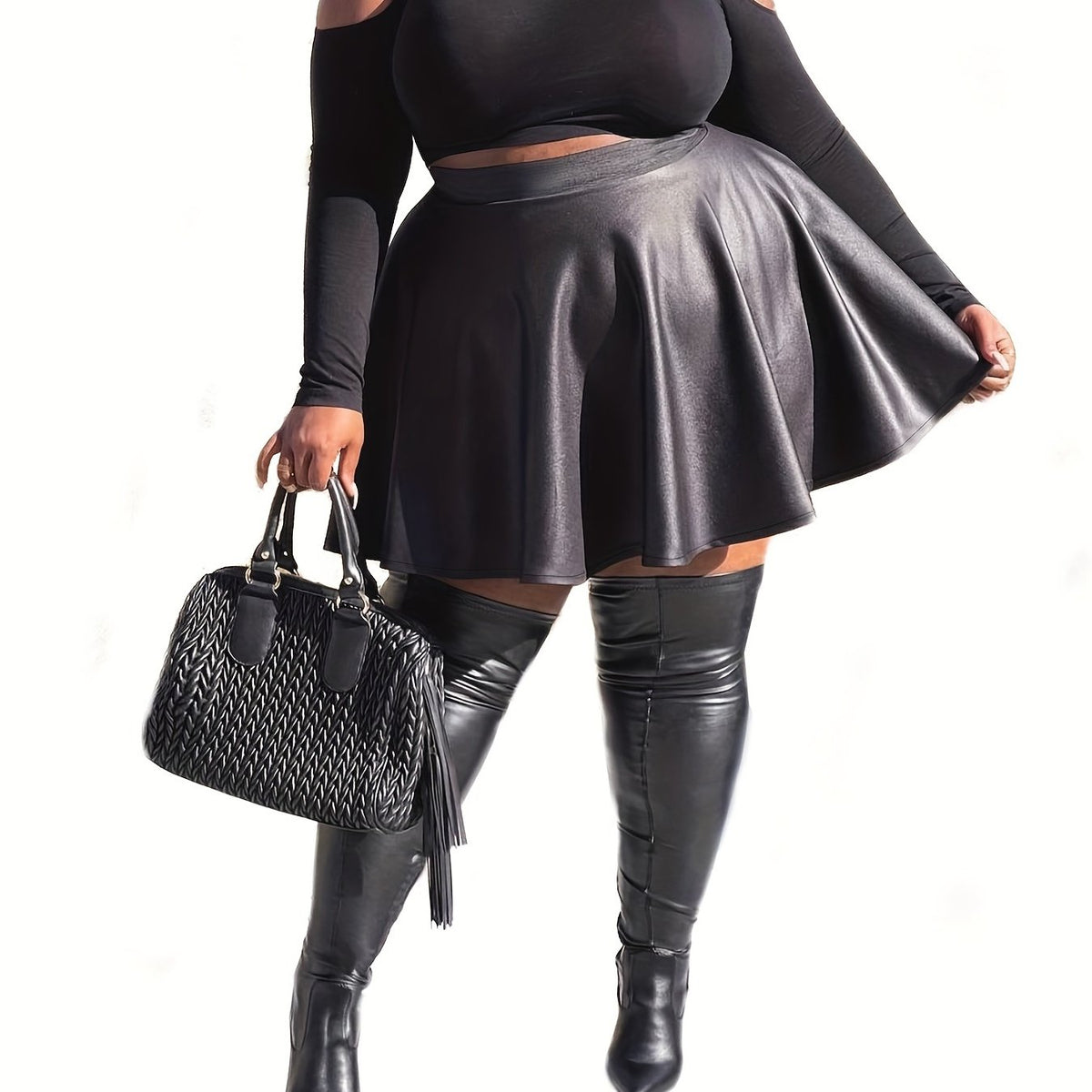  Solid High Rise Faux Leather A-line Skirt