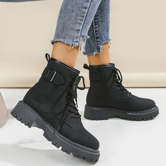 Women's Platform Ankle Combat Boots Lace Up Metal Buckle Round Toe Short Boots