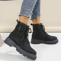 Women's Platform Ankle Combat Boots Lace Up Metal Buckle Round Toe Short Boots