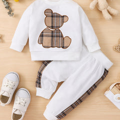 2pcs Toddler Baby Bear Embroidery Sweatshirt & Splicing Pant