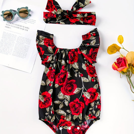 2pcs Baby Girls Floral Print Onesie & Headband Set