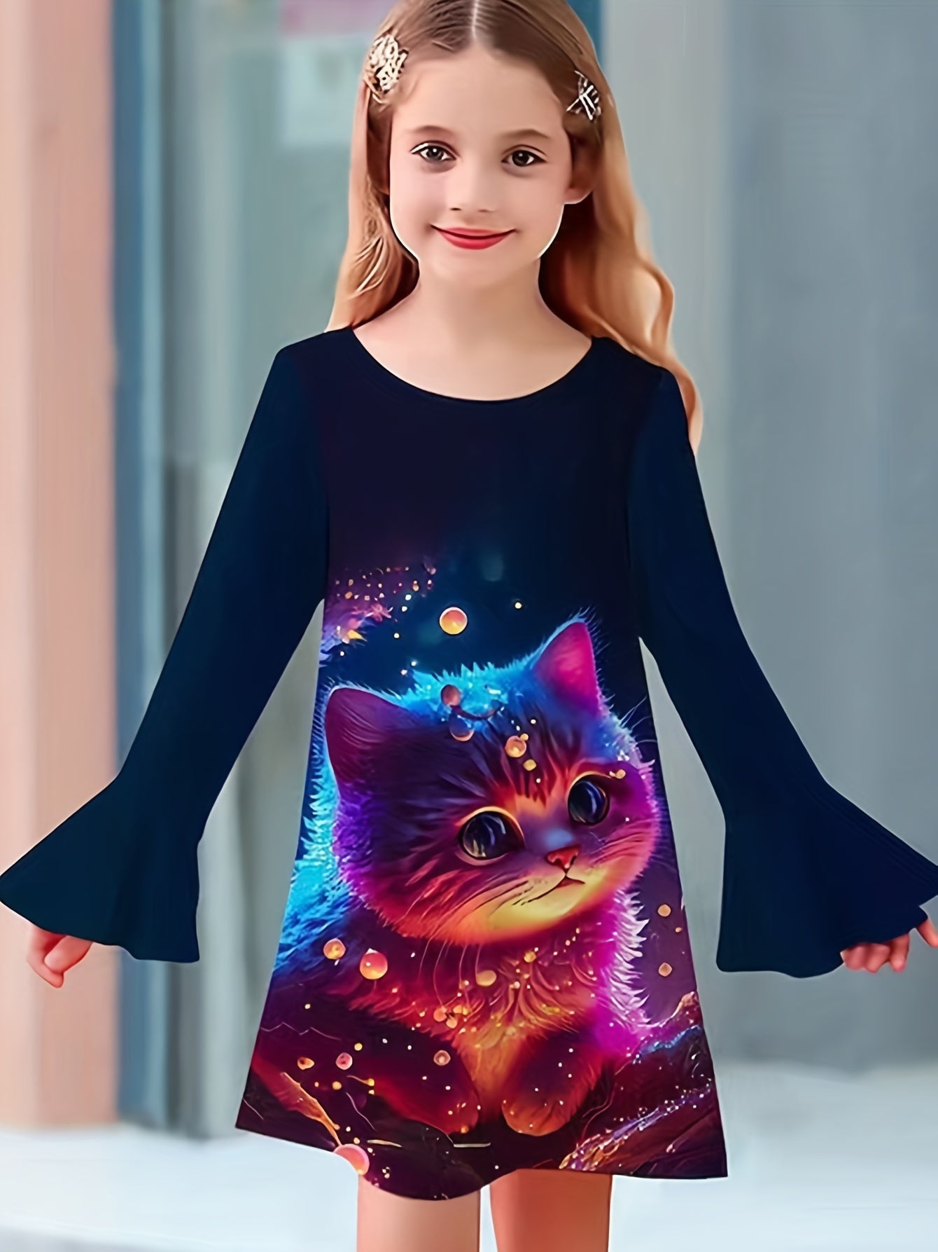 Dreamy Kitty Graphic Crew Neck Long Sleeve Dress Girls Spring Fall