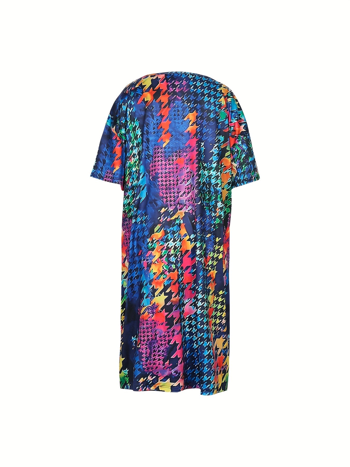  Houndstooth Print Short Sleeve V Neck Dress With Pockets