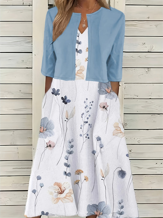 Floral Print Two Piece Dress Set Solid Crop Top & Crew Neck Dress