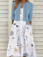 Floral Print Two Piece Dress Set Solid Crop Top & Crew Neck Dress
