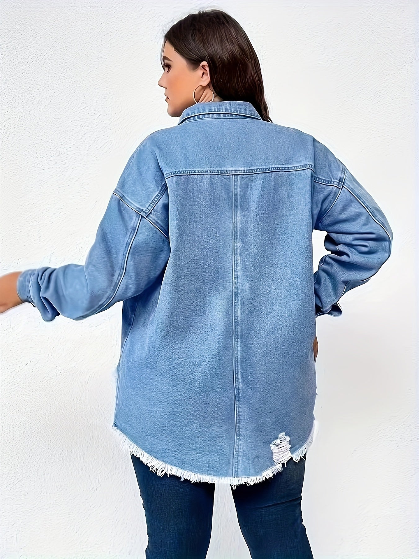  Casual Denim Top Women's Plus Solid Button Up Long Sleeve