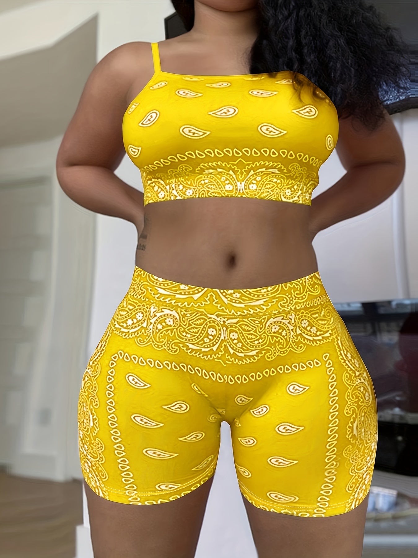 Paisley Print Two piece Set Crop Cami Top & Slim Shorts