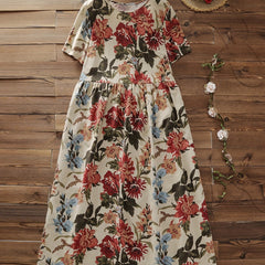  Floral Print Short Sleeve Round Neck Dress