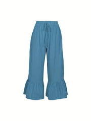  Ruffle Trim Drawstring High Waist Wide Leg Pants