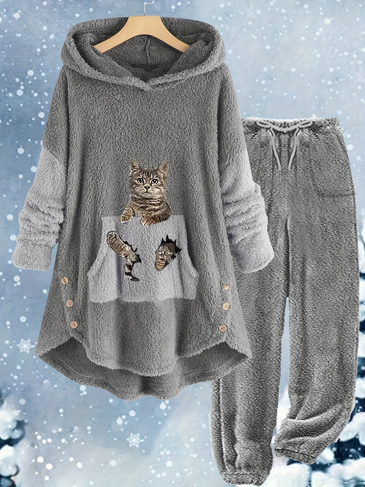  Cat Print Fleece 2 Piece Set