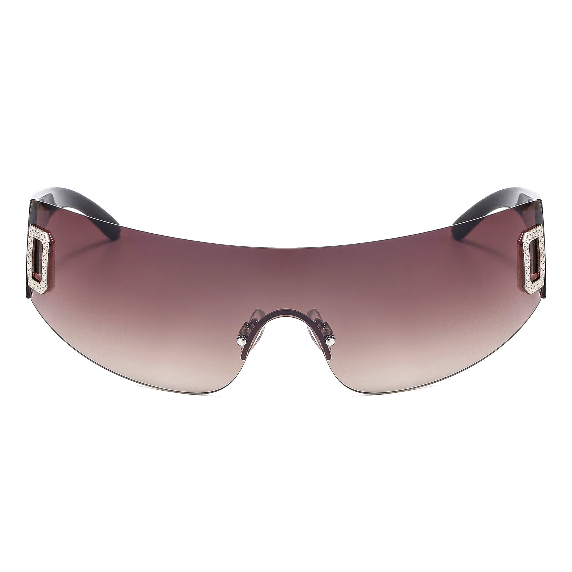 Y2K Shield Sunglasses Rhinestone Silver Brown Travel Style Hot Girl Summer
