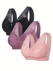 3 Pack Women's Plus Leaf Jacquard Lace Tank Bras Set
