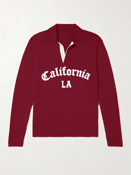 California LA City Print Knit Polo Shirt Men's Stretch V Neck Sweater