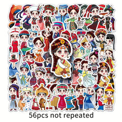 56pcs Ethnic Cartoon Luggage Stickers Waterproof Decoration