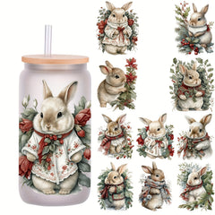 5pcs Vintage Christmas Bunny Glass Jar Wraps Stickers
