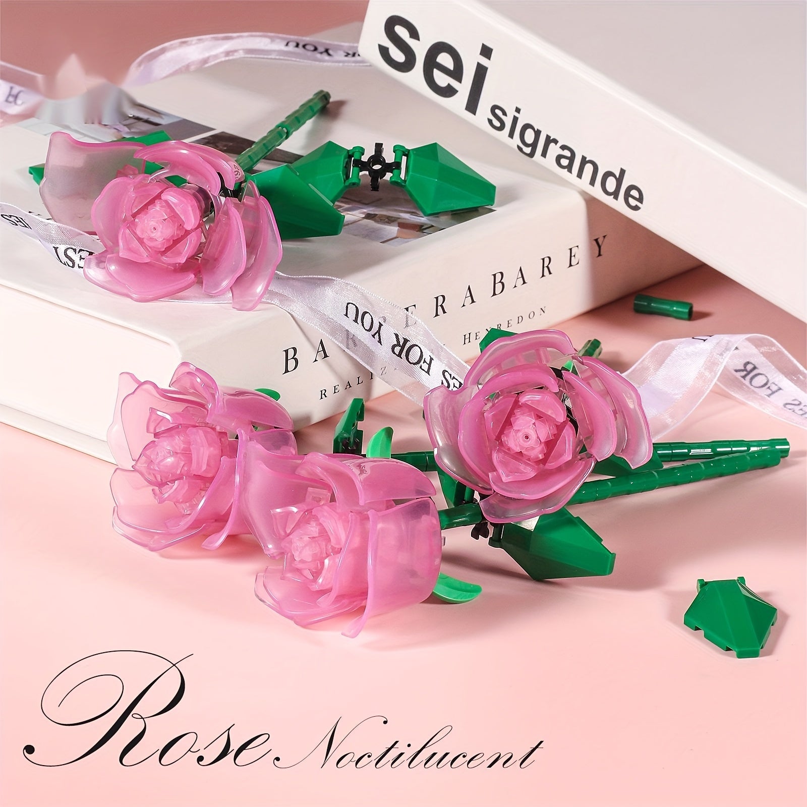 DIY Luminous Rose Building Blocks Pink & Green Plastic Flower Kit