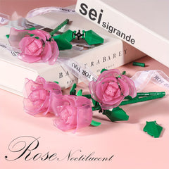 DIY Luminous Rose Building Blocks Pink & Green Plastic Flower Kit