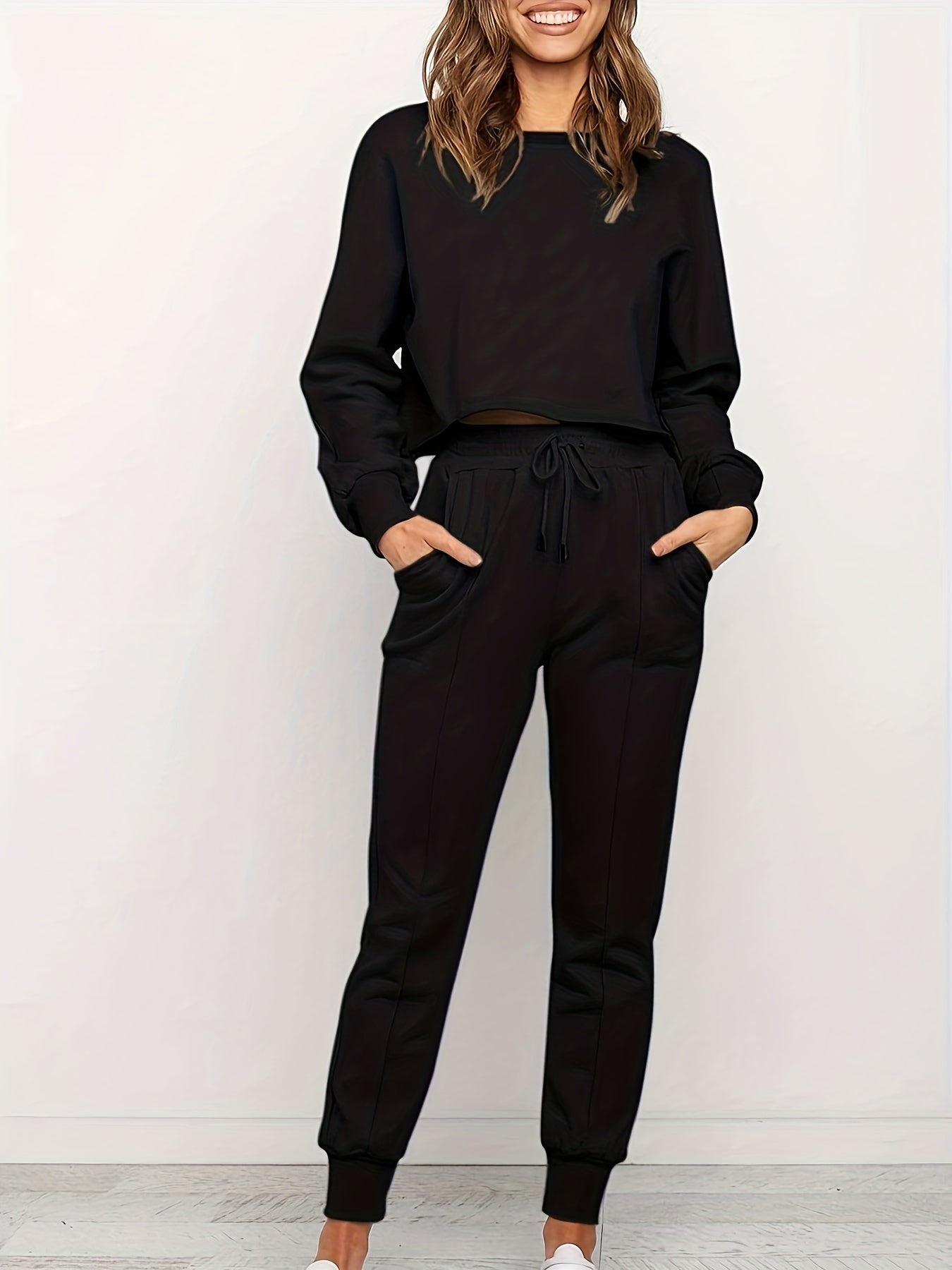 Plus Size Solid Long Sleeve Crop Top & Pants Set
