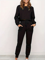 Plus Size Solid Long Sleeve Crop Top & Pants Set