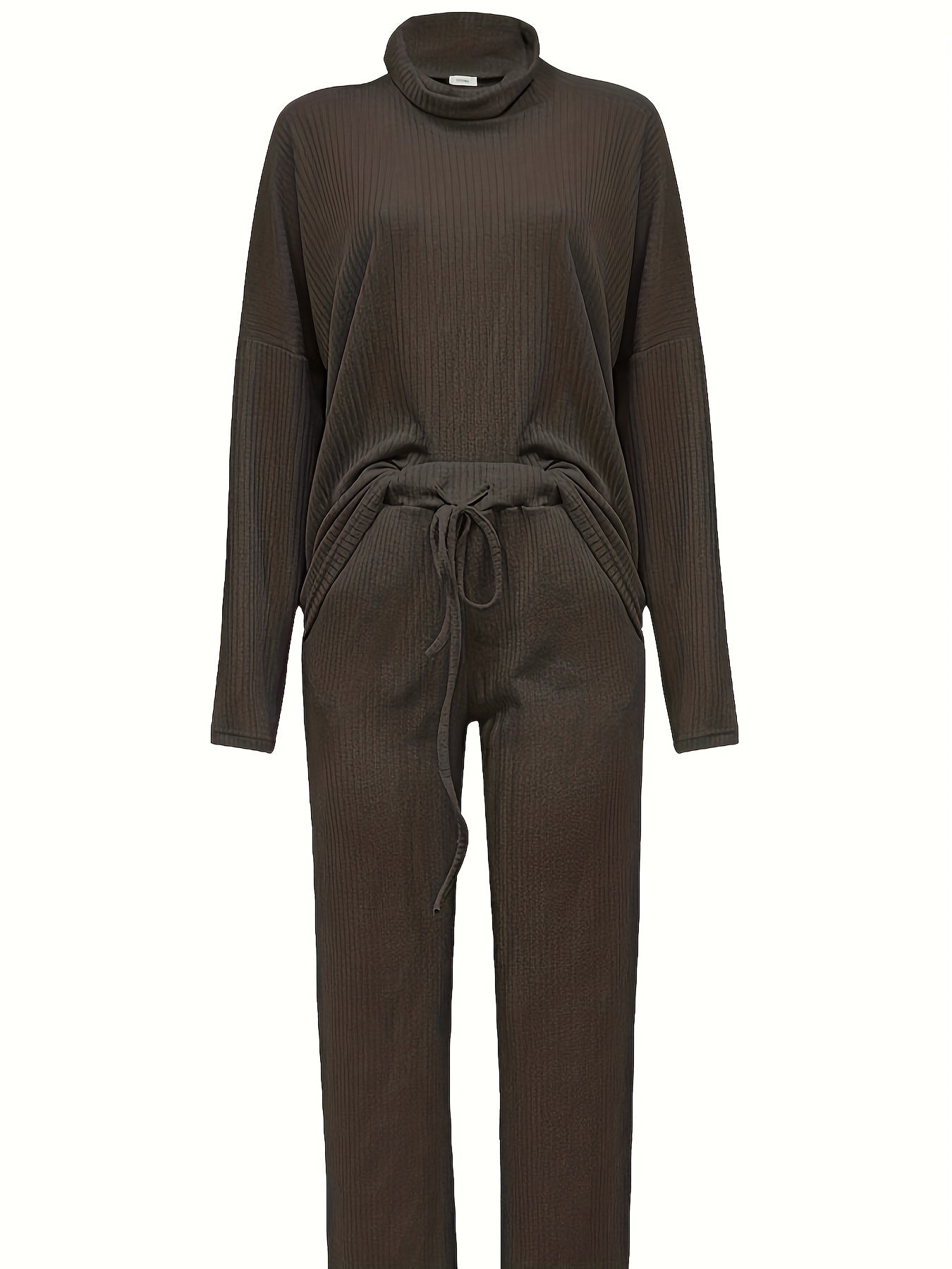  Solid Ribbed Turtleneck Top & Wide Leg Pants Set