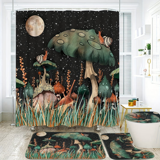 3pcs Bathroom Set with Mushroom Pattern Shower Curtain and Non Slip Bath Rug