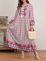  Boho Abaya Dress Women's Plus Allover Print Tassel Tie Neck