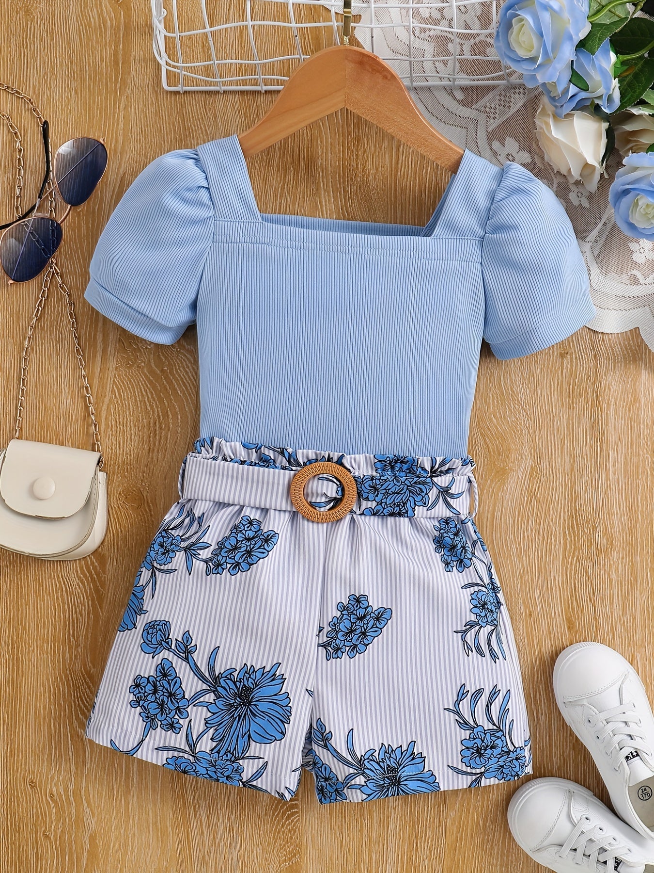 Girls Puff Sleeve Top & Stripes Flowers Shorts Set - Kids Summer Clothes