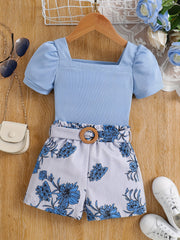 Girls Puff Sleeve Top & Stripes Flowers Shorts Set - Kids Summer Clothes