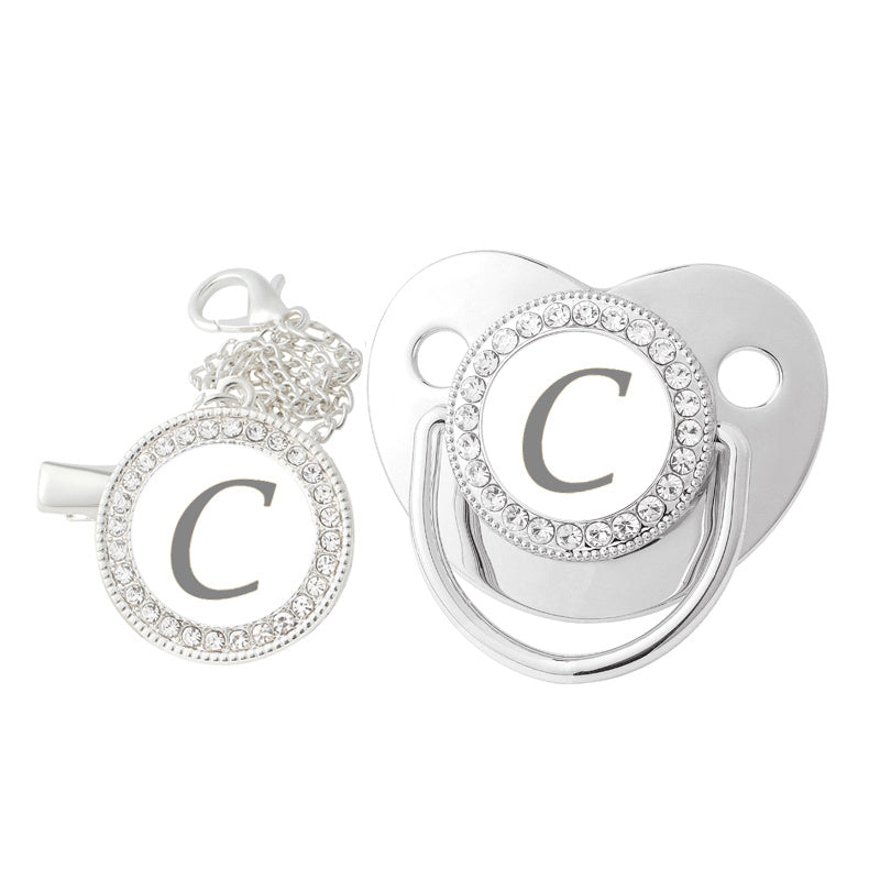 Silver Rhinestone Baby Letter Pacifier Nursing Mouth with Chain Clip